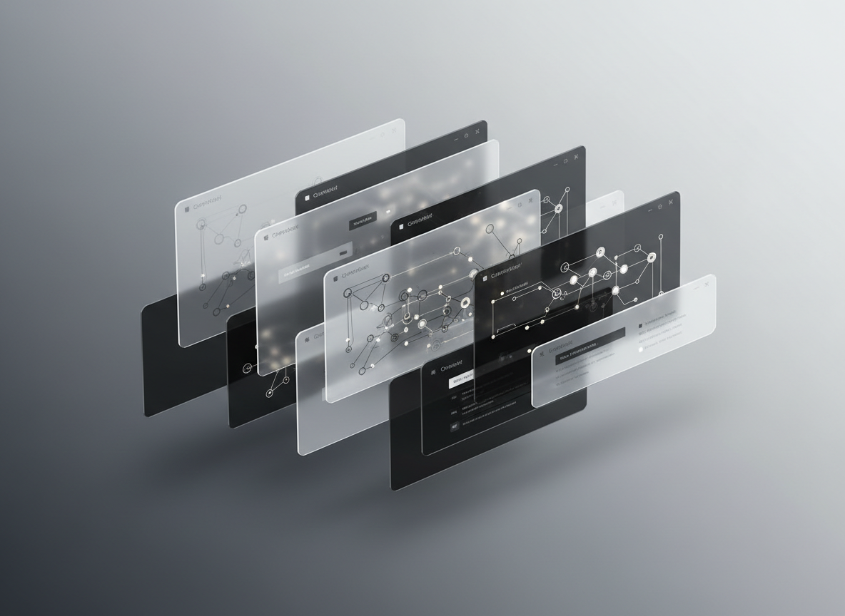 Layered interface panels connected by lines, representing structured content moving between platforms