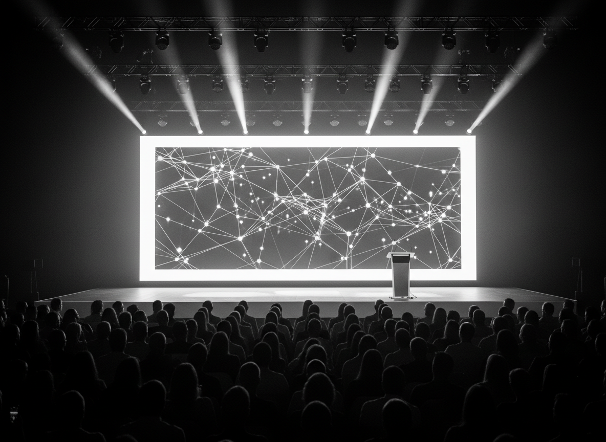 Conference stage with a large screen and audience