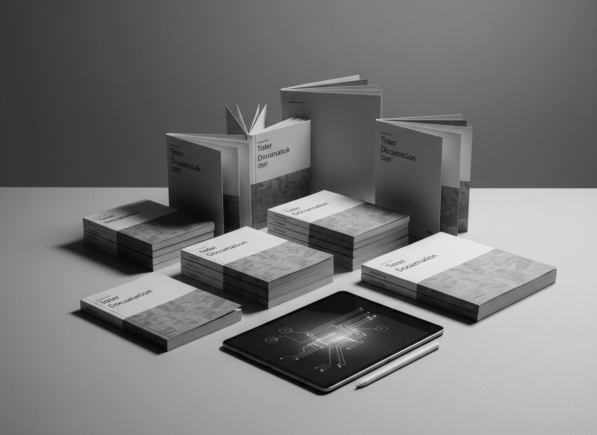 Printed documentation booklets and a tablet on a grey surface