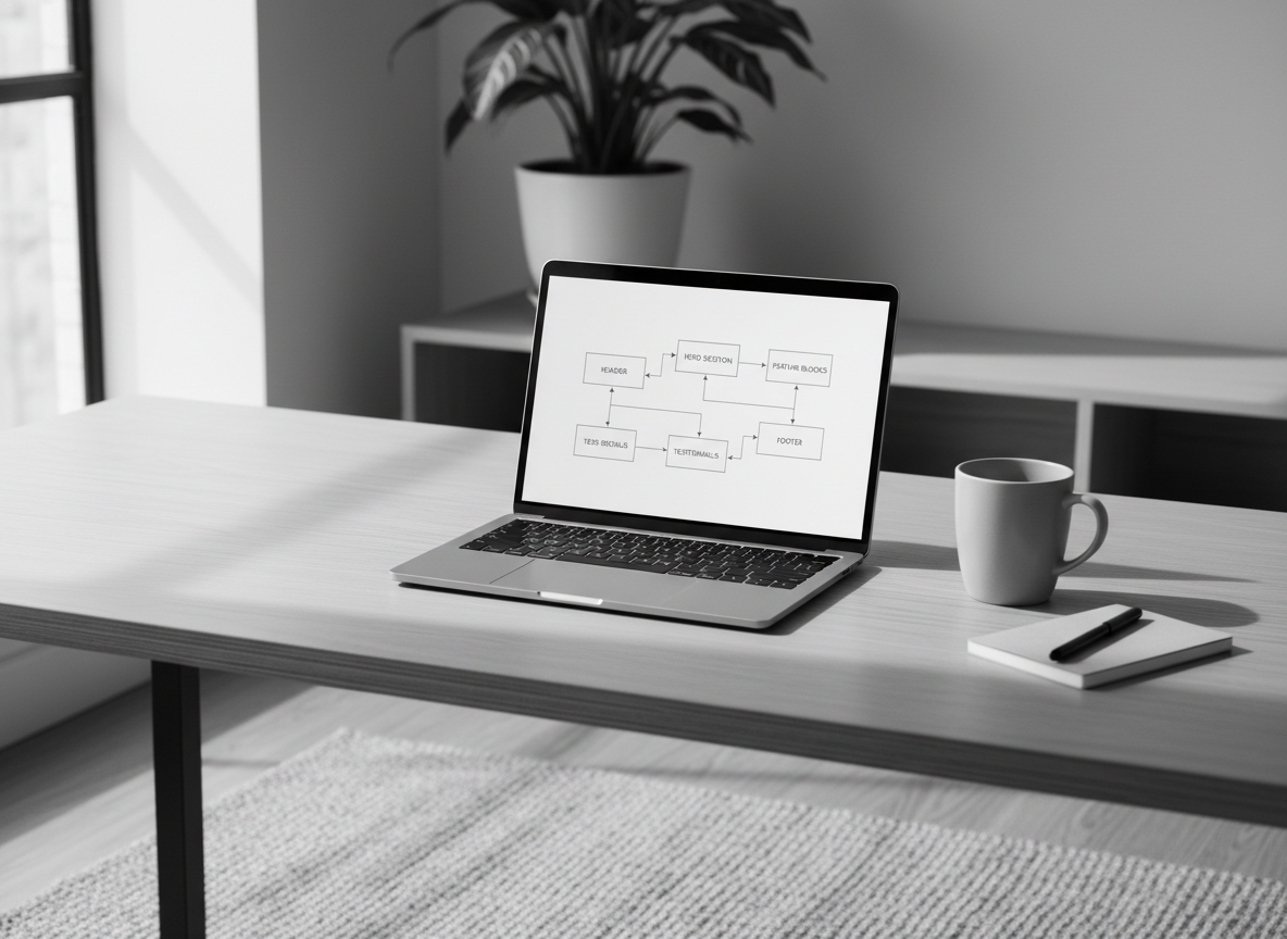 Laptop on a desk showing a content schema diagram